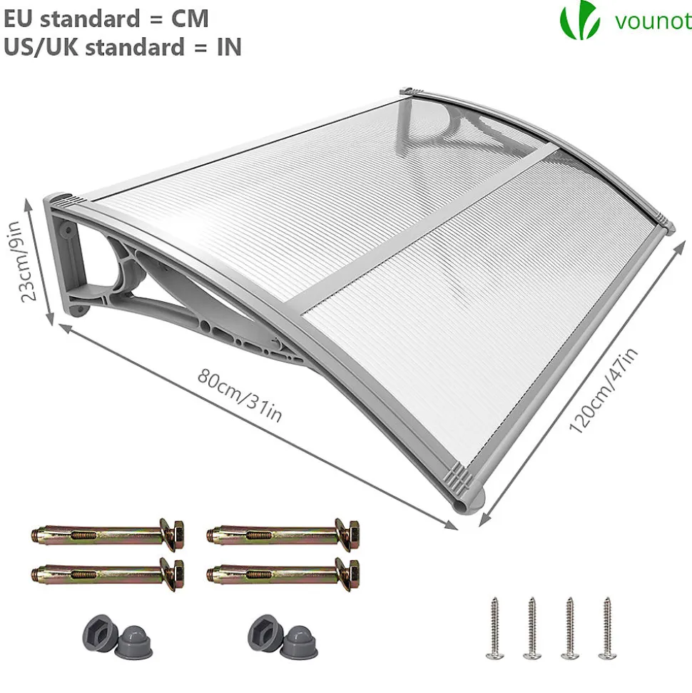 Auvent de porte marquise 120x80 cm transparent en Polycarbonate anti UV Gris VOUNOT