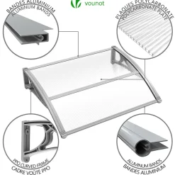 Auvent de porte marquise 120x80 cm transparent en Polycarbonate anti UV Gris VOUNOT