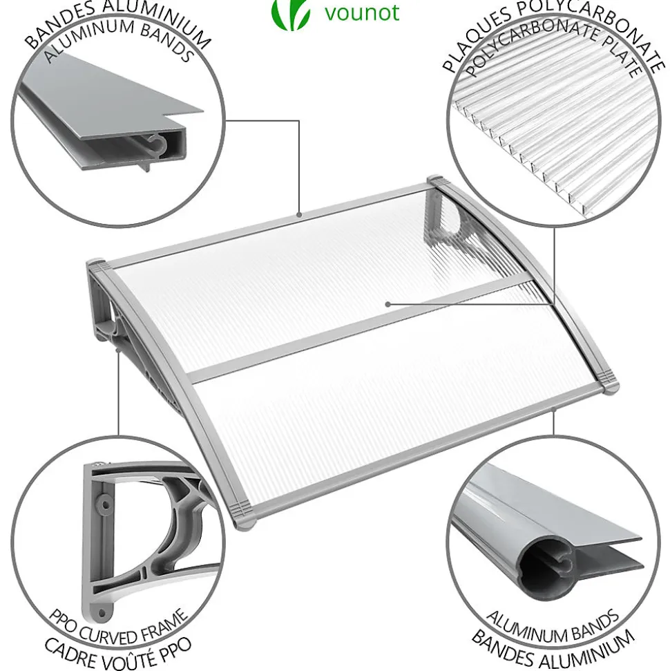 Auvent de porte marquise 120x80 cm transparent en Polycarbonate anti UV Gris VOUNOT