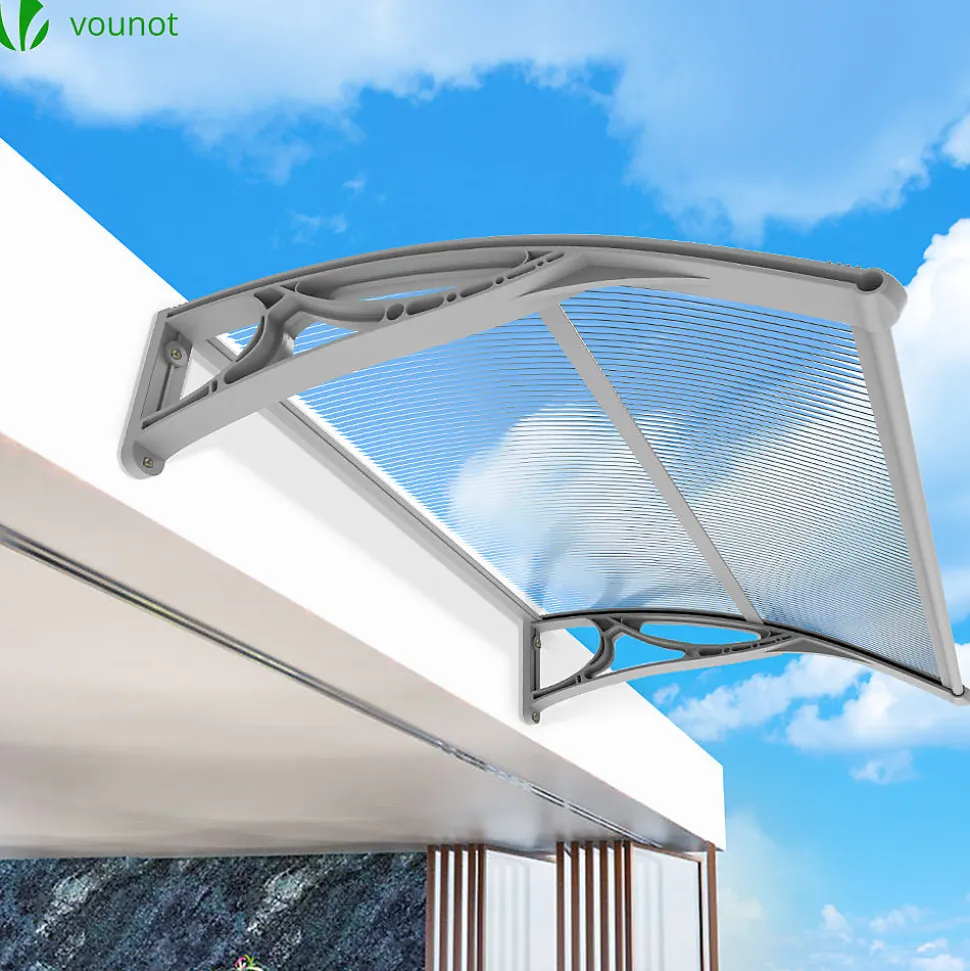 Auvent de porte marquise 120x80 cm transparent en Polycarbonate anti UV Gris VOUNOT