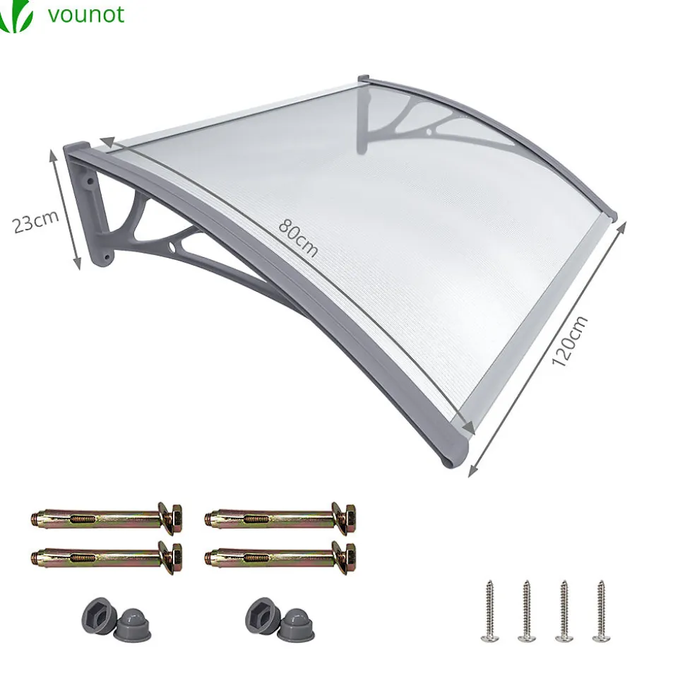 Auvent de porte marquise 120x80 cm transparent en Polycarbonate anti UV Gris VOUNOT
