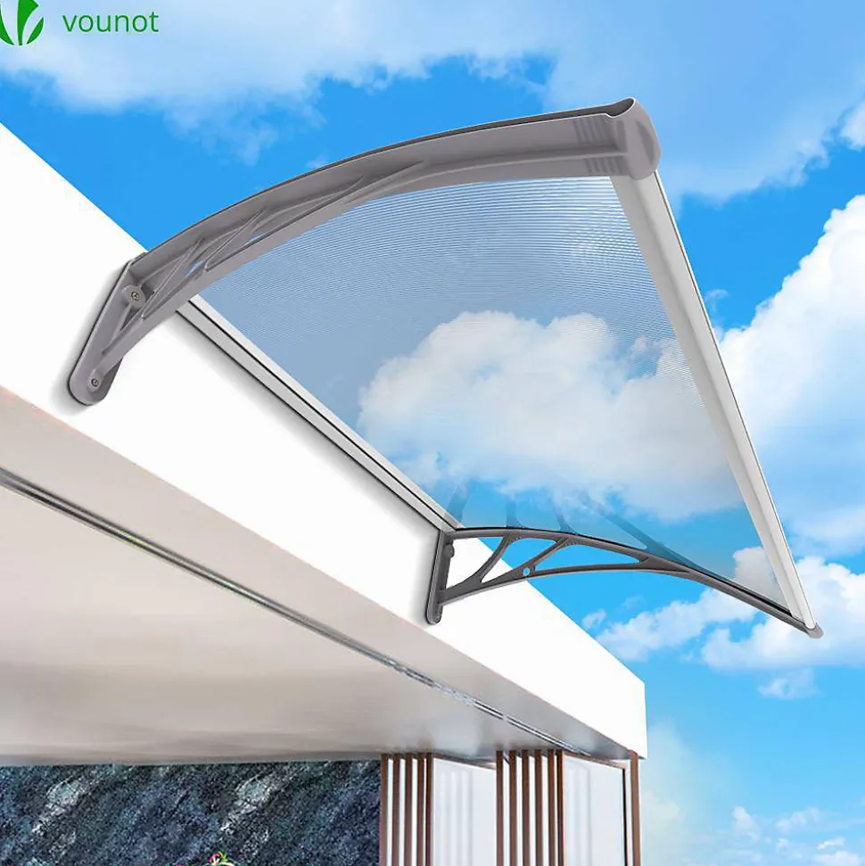 Auvent de porte marquise 120x80 cm transparent en Polycarbonate anti UV Gris VOUNOT