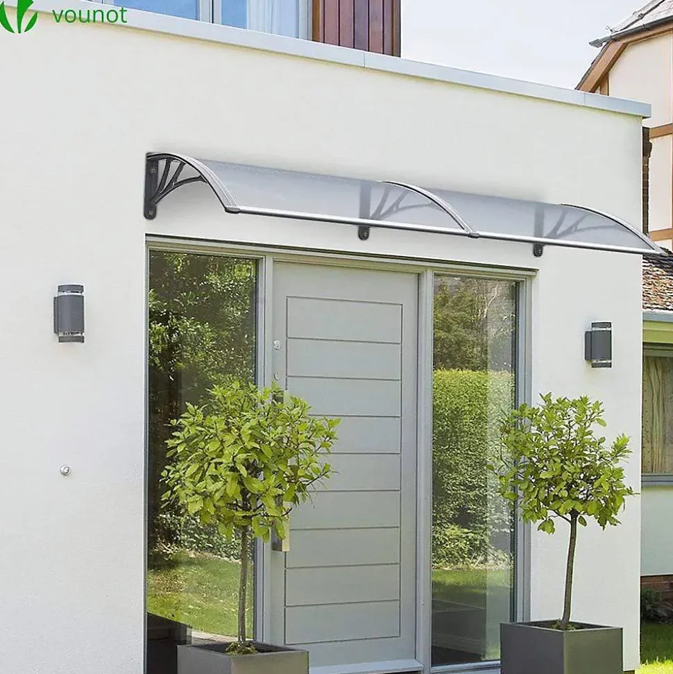 Auvent de porte marquise 200x80 cm transparent en Polycarbonate anti UV Gris VOUNOT