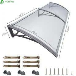 Auvent de porte marquise 200x80 cm transparent en Polycarbonate anti UV Gris VOUNOT