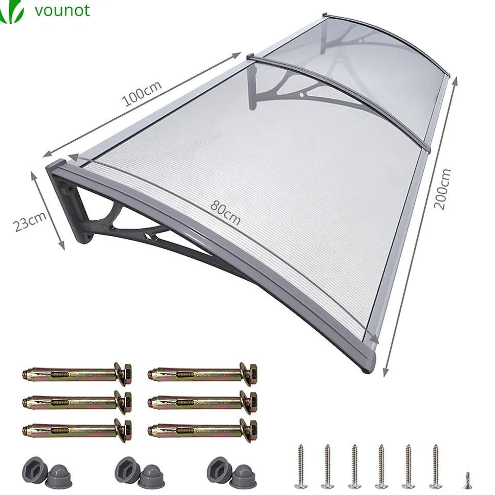 Auvent de porte marquise 200x80 cm transparent en Polycarbonate anti UV Gris VOUNOT