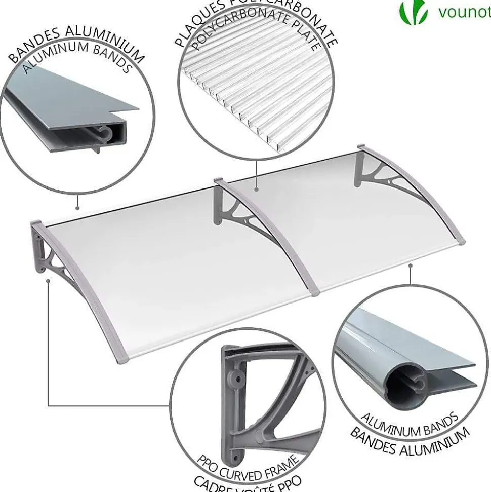 Auvent de porte marquise 200x80 cm transparent en Polycarbonate anti UV Gris VOUNOT
