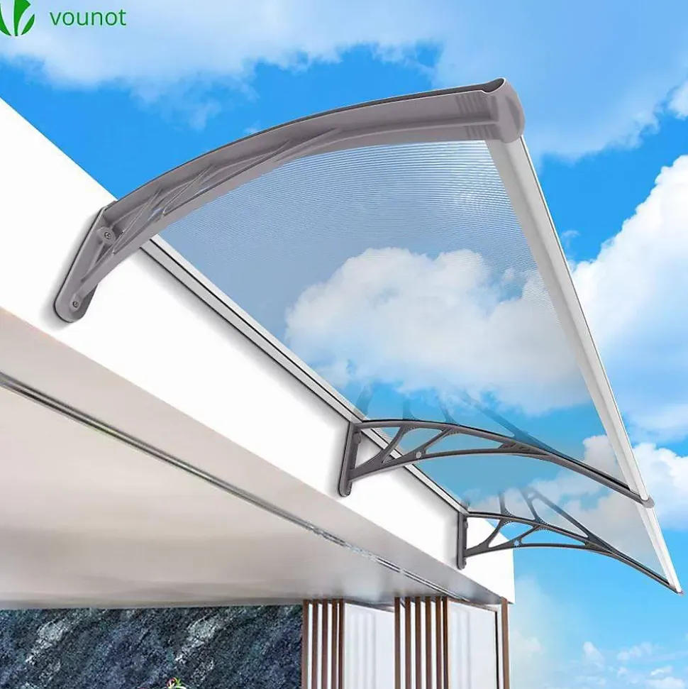 Auvent de porte marquise 200x80 cm transparent en Polycarbonate anti UV Gris VOUNOT
