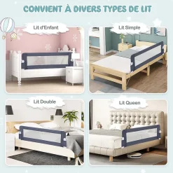 Barriere de Lit Pliable et Portable avec Cadre en Metal,en Forme de T, avec Mecanisme a Double Bouton (Gris, 150 x 40 x 42 CM)