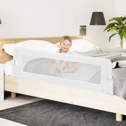 Barriere de Lit Pliable et Portable avec Cadre en Metal , en Forme de T, avec Mecanisme a Double Bouton (Blanc, 150 x 40 x 42 CM)