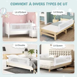 Barriere de Lit Pliable et Portable avec Cadre en Metal , en Forme de T, avec Mecanisme a Double Bouton (Blanc, 150 x 40 x 42 CM)
