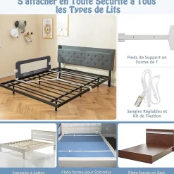 Barriere de Lit Pliable et Portable avec Cadre en Metal, en Forme de T, avec Mecanisme a Double Bouton (Gris, 120 x 40 x 42 CM)