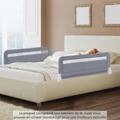 Barriere de Securite Enfant 100 cm, Barrière de Lit Bébé Rabattable avec Cadre en Métal, Housse Amovible, Gris