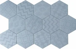 Carreau Hexagonal Effet Ciment. Grès Cérame Sol et Mur. Décor Custom Bleu 14x16cm