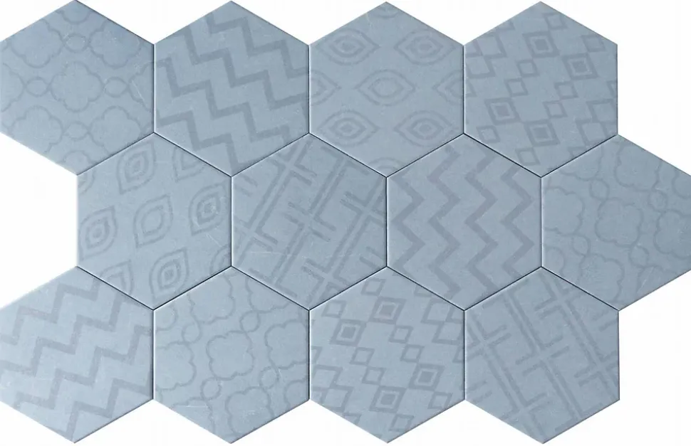 Carreau Hexagonal Effet Ciment. Grès Cérame Sol et Mur. Décor Custom Bleu 14x16cm