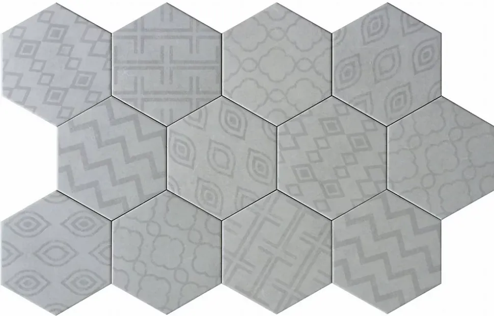 Carreau Hexagonal Effet Ciment. Grès Cérame Sol et Mur. Décor Custom Gris 14x16cm