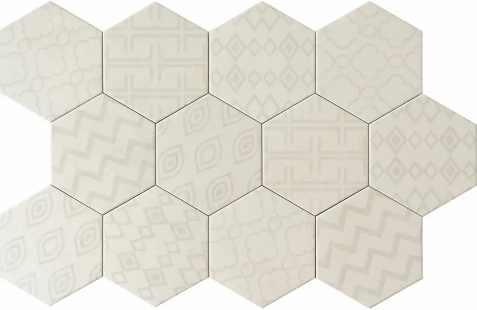 Carreau Hexagonal Effet Ciment. Grès Cérame Sol et Mur. Décor Custom Ivoire 14x16cm