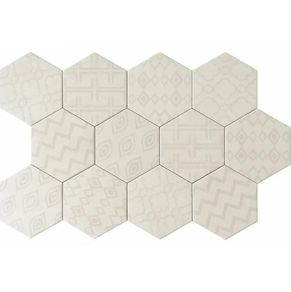Carreau Hexagonal Effet Ciment. Grès Cérame Sol et Mur. Décor Custom Ivoire 14x16cm