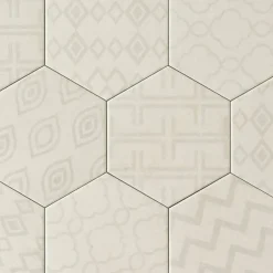 Carreau Hexagonal Effet Ciment. Grès Cérame Sol et Mur. Décor Custom Ivoire 14x16cm