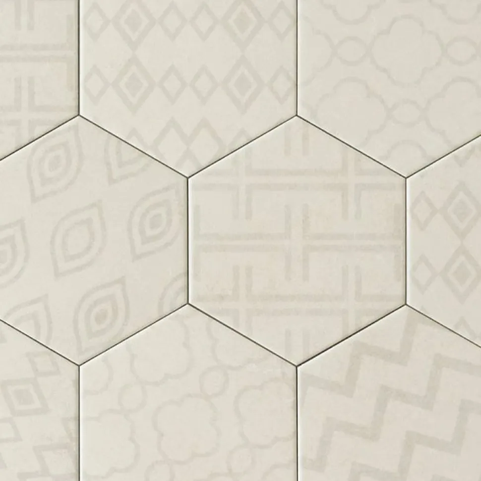 Carreau Hexagonal Effet Ciment. Grès Cérame Sol et Mur. Décor Custom Ivoire 14x16cm