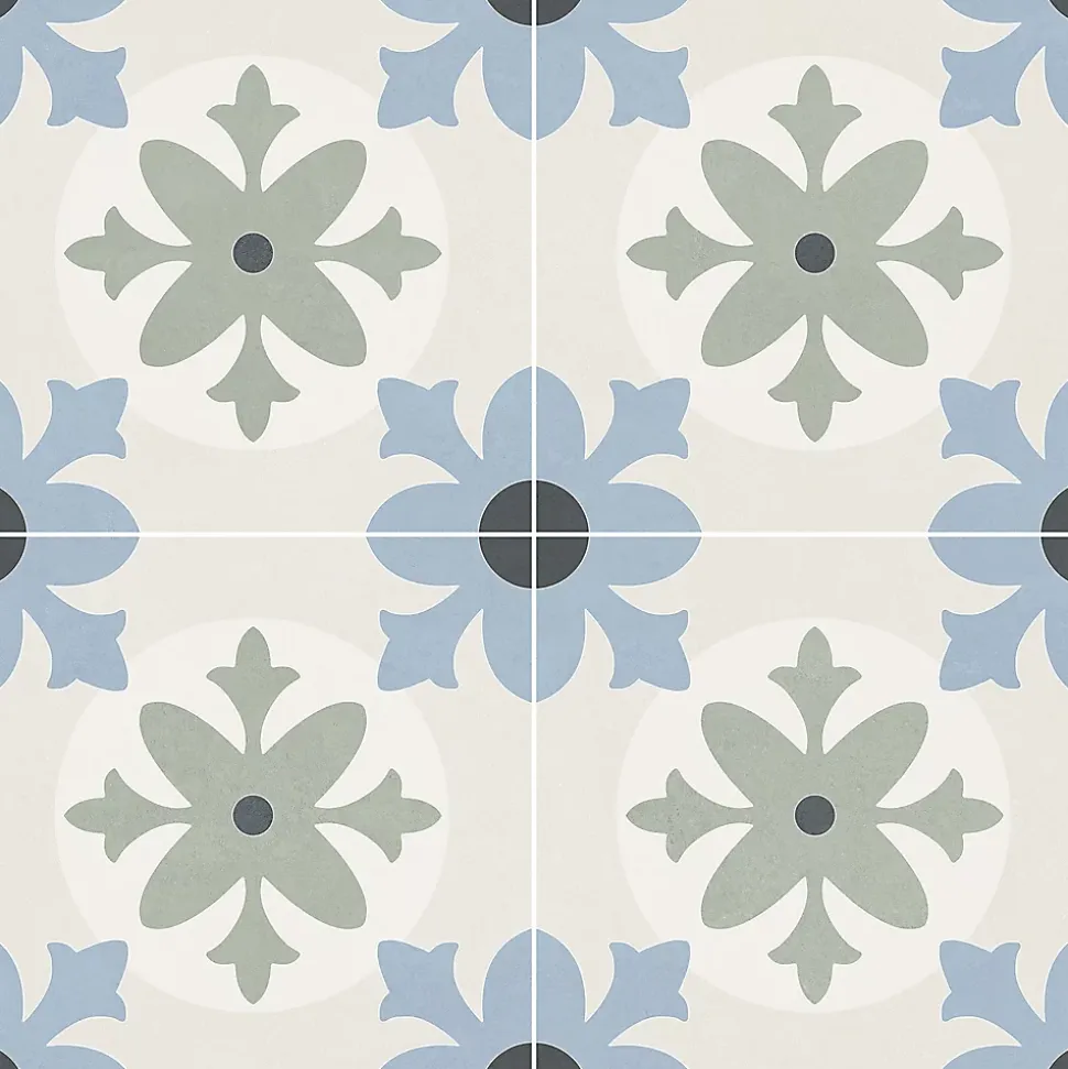 Carrelage sol et mur effet carreaux de ciment tons bleus et verts L.45 x l.45 cm x ép.9,5 mm, Mediterranea Javea