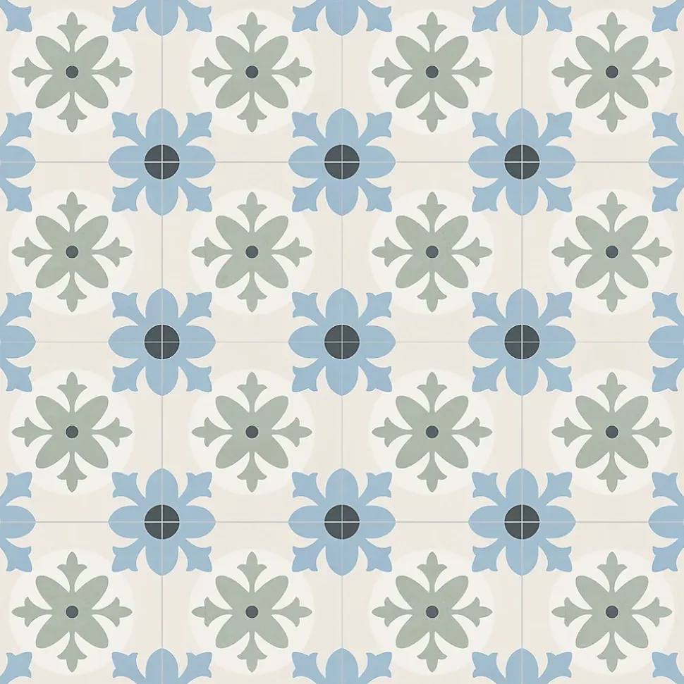 Carrelage sol et mur effet carreaux de ciment tons bleus et verts L.45 x l.45 cm x ép.9,5 mm, Mediterranea Javea