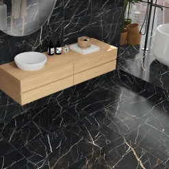 Carrelage sol et mur intérieur en grès cérame effet marbre noir et doré L.120 x l.60 cm x ép.9 mm, Moonlight