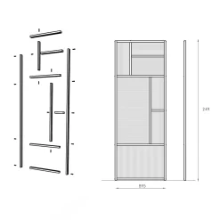 Claustra avec vitrage et structure en MDF noir mat style industriel 244,5 x 89,4 x 4 cm