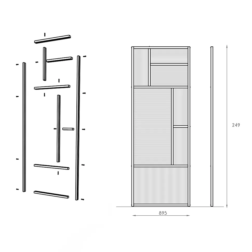 Claustra avec vitrage et structure en MDF noir mat style industriel 244,5 x 89,4 x 4 cm