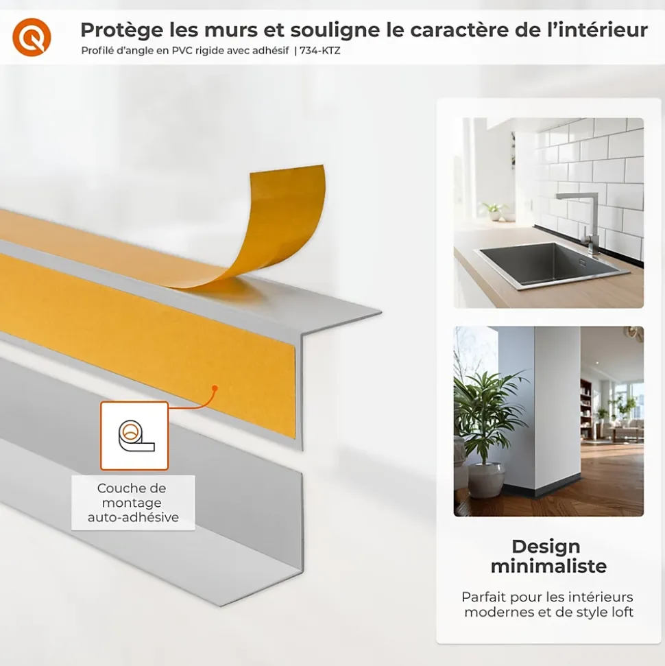 Corniere d'angle interieur PVC 15x15mm QUEST Autocollante, 200 cm, bordeaux