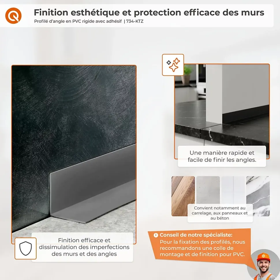 Corniere d'angle interieur PVC 15x15mm QUEST Autocollante, 200 cm, bordeaux