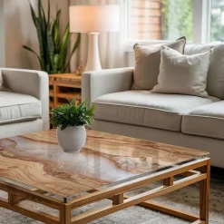 Dessus de table en verre trempé Wallfluent 50x50 cm Bois naturel avec résine