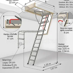 Echelle coupe feu 60min - Hauteur sous plafond 3.05m - Trémie 86 x 130cm - LMF60/86130-305
