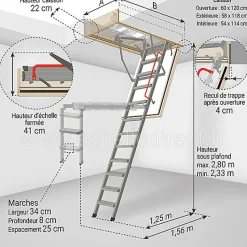 Echelle coupe feu 60min avec trappe de 60x120cm - Hauteur de 2.33 à 2.80m - LMF60/60120-280