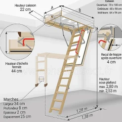 Echelle coupe feu 60min avec trappe de 70x100cm - Hauteur de 2.53 à 2.80m - LWF60/70100-280
