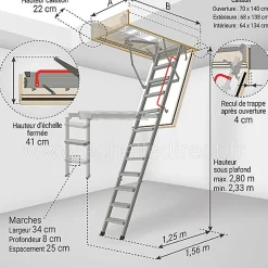Echelle coupe feu 60min avec trappe de 70x140cm - Hauteur de 2.33 à 2.80m - LMF60/70140-280