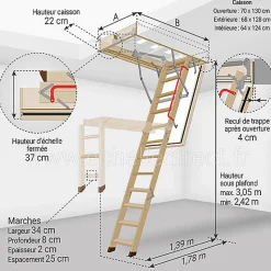 Echelle coupe feu 60min avec trappe de 70x130cm - Hauteur de 2.42 à 3.05m - LWF60/70130-305