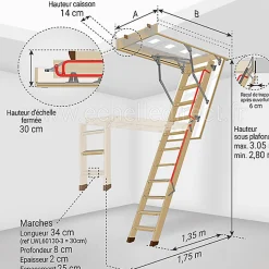 Echelle escamotable bois - Trémie de 60 x 130cm - Hauteur de 2.80 à 3.05m - LWL60130-3