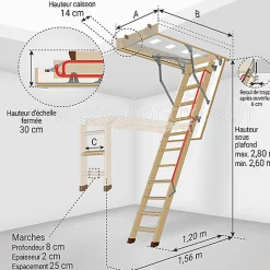 Echelle escamotable bois - Trémie de 60 x 120cm - Hauteur de 2.60 à 2.80m - LWL60120-2