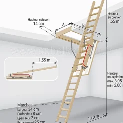 Echelle escamotable bois - Trémie de 60 x 120cm - Hauteur de 2.00 à 3.05m - LDK60120/305