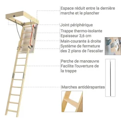 Echelle escamotable bois - Trémie de 60 x 120cm - Hauteur de 2.00 à 3.05m - LDK60120/305