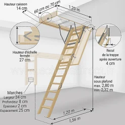 Echelle escamotable bois - Trémie de 60 x 120cm - Hauteur de 2.32 à 2.80m - LWS60120-2