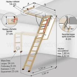 Echelle escamotable bois - Trémie de 60 x 120cm - Hauteur de 2.32 à 2.80m - LWZ60120-2