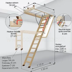 Echelle escamotable bois - Trémie de 70 x 111cm - Hauteur de 2.32 à 2.80m - LWK70111-2