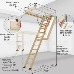 Echelle escamotable bois - Trémie de 60 x 130cm - Hauteur de 2.42 à 3,05m - LWT60130-3