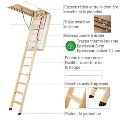 Echelle escamotable bois - Trémie de 60 x 130cm - Hauteur de 2.42 à 3,05m - LWT60130-3