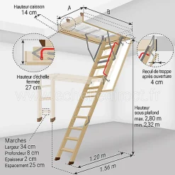 Echelle escamotable bois - Trémie de 70 x 120cm - Hauteur de 2.32 à 2.80m - LWK70120-2