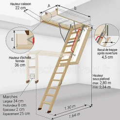 Echelle escamotable bois - Trémie de 60 x 120cm - Hauteur de 2.34 à 2.80m - LWT60120-2