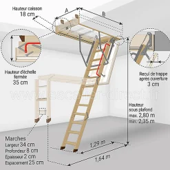 Echelle escamotable bois - Trémie de 60 x 120cm - Hauteur de 2.35 à 2.80m - LTK60120-2