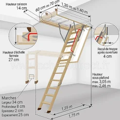 Echelle escamotable bois - Trémie de 60 x 140cm - Hauteur de 2.46 à 3.05m - LWK60140-3