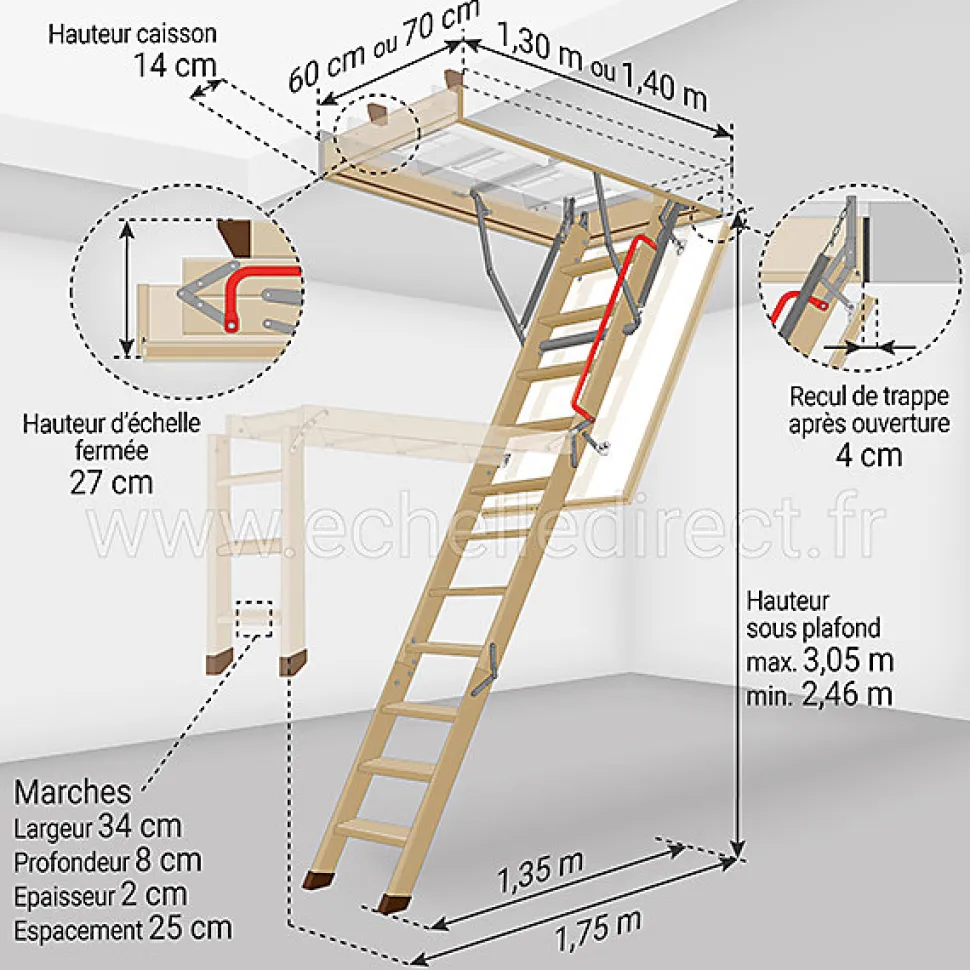 Echelle escamotable bois - Trémie de 60 x 140cm - Hauteur de 2.46 à 3.05m - LWK60140-3